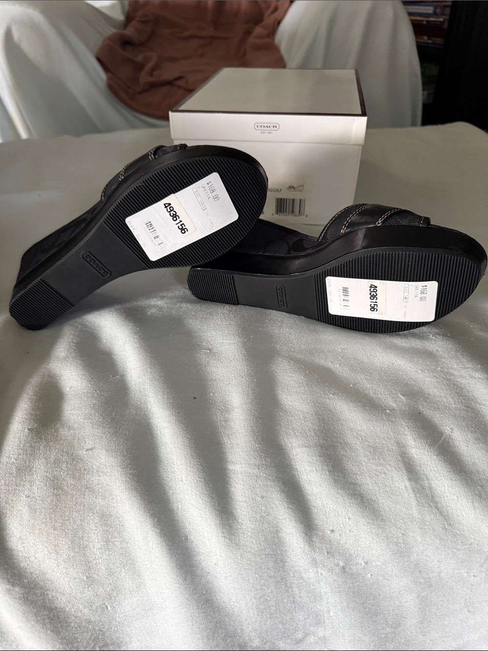 COACH Black Wedge Slide Sandals with Gold Buckle Accent - Picture 5 of 6